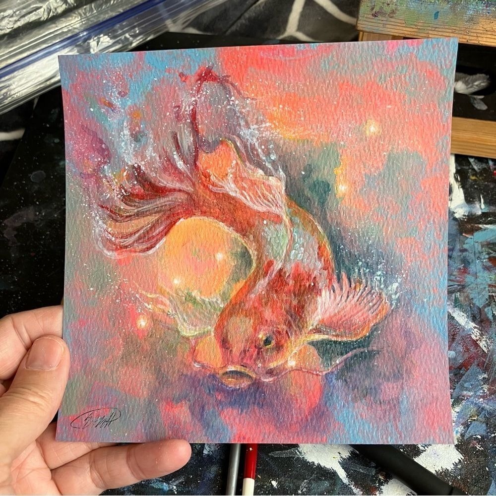 Koi Original Painting fish art Ooak Surrealism artwork horoscope Artettina USA